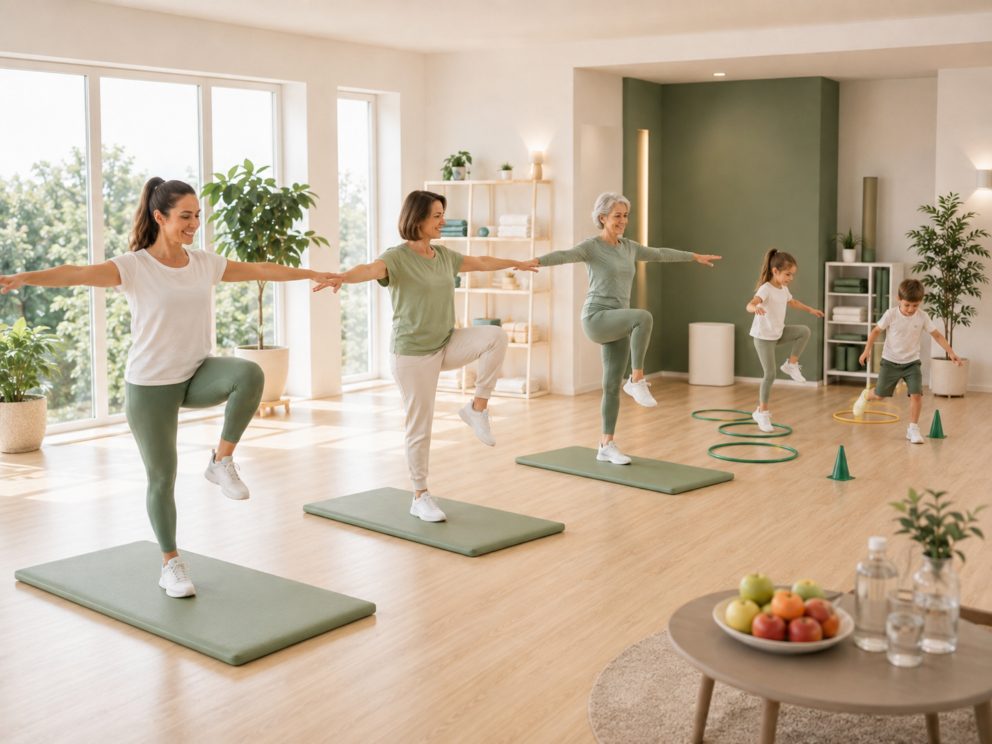 Adulți și copii fac exerciții de echilibru într-un studio luminos